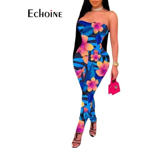 Echoine Womens Flowers Print Strapless Bodycon Jumpsuit Summer Sexy Fitness Playsuit Streetwear Female Slim Fit Rompers overall