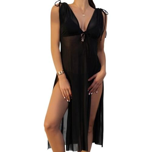 Women Beach Dress Solid Color Sheer Sleeveless Bikini Cover Short/Long Skirt with Side Slits for Girls