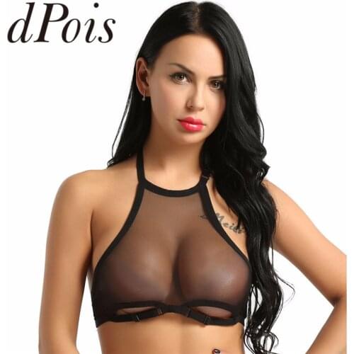 Summer Sexy Womens Soft Mesh See Through Sheer Lingerie Halter Neck Backless Hollow Out Cups Wire-free Unlined Bra Top Bralette