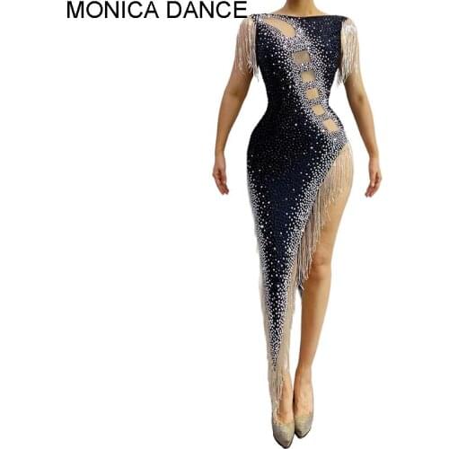 Women Sexy Stage Rhinestone Fringes Dance Dress Hollow Out High Slit Tassel Dress Club Party Bodycon Dress Dancer Stage Costumes
