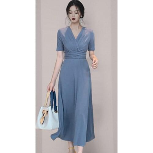 SMTHMA Fashion Elegant Dress Women Solid Color V Neck Short Sleeve Plated Swing Party Banquet Dress