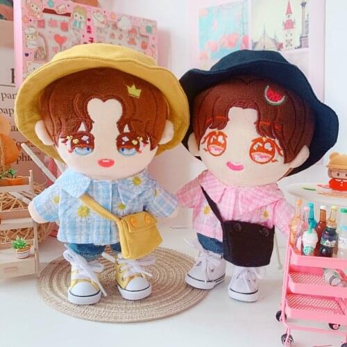 20cm Baby Doll Plush Dolls Clothes shirt Fisherman hat Satchel Stuffed Toys Dolls Accessories for Korea Kpop EXO Idol Dolls