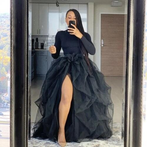 2020 Black High Split Streetwear Tulle Skirt Puffy Draped Zipper Back Ball Gown Women Skirts Custom Made Formal Party
