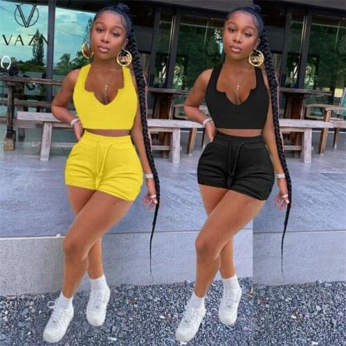 VAZN 2021 INS Solid Simple Sexy Young Daily Free Joker Fashion Mini Tank Short Pants Free Skinny Women 2 Piece Set