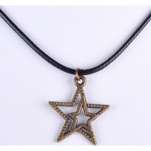 22*19MM Vintage antique bronze metal hollow star pendant necklace women choker wax cord rope necklace jewelry fashion girl