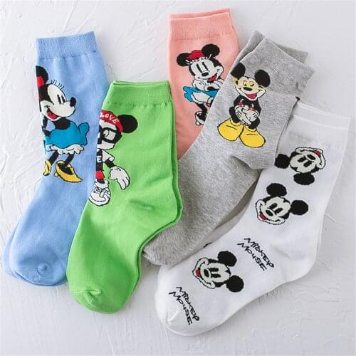 5 Pairs Disney Cartoon Mickey Minnie Mouse Mid-Length Socks Girls Socks Favorite Character Women Socks