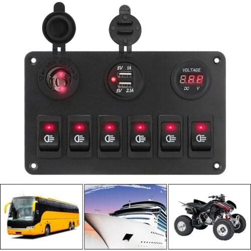 6 Gang Rocker Switch Panel Waterproof LED Digital Voltmeter Car Marine Circuit Breaker Dual USB Ports ON/OFF Lights DC 12V/24V
