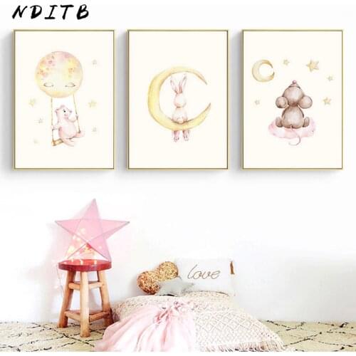 Baby Nursery Wall Art Canvas Painting Moon Cartoon Animal Bunny Child Poster and Print Nordic Kids Bedroom Decoration Picture