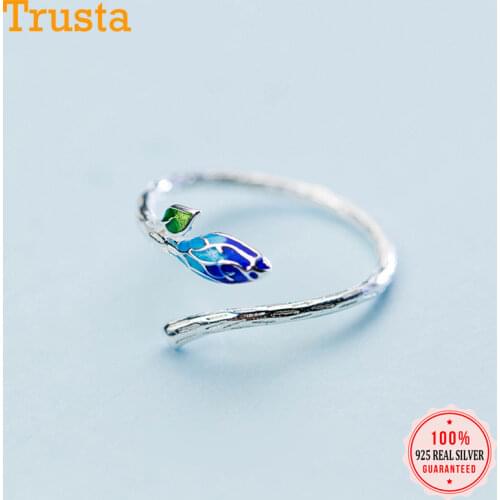 Trusta 100% 925 Real Sterling Silver Jewelry Blue Leaf Branch Ring Opening Adjustable Finger Rings For Teen Girl Women DS990