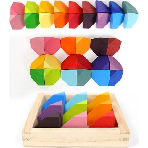 18pcs Corner Stone Color Wooden Flower Bricks Rainbow Wooden Balancing Blocks Creative Stackable Open-ended Educational Toy