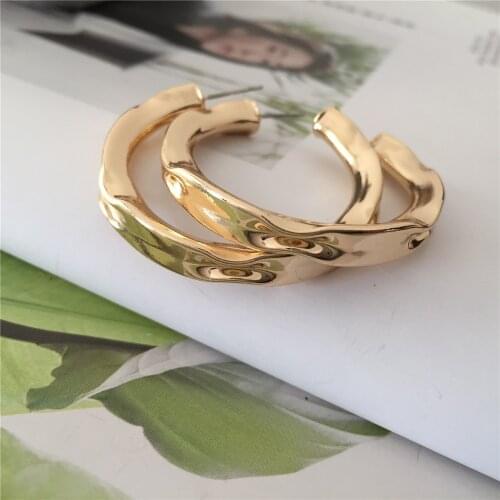 Trendy Gold Color Plating Irregular Rough Hammered 3/4 Half Hoop Earrings 40mm Diameter Chic Modern Jewelry Accessory