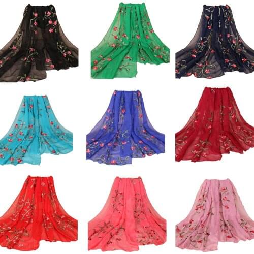 Fashion Lady Womens Long Scarves Embroidery Soft Wrap Shawl Chiffon Scarf Neck Stole Muslim Hijabs Islamic Turban Arab 180*75CM