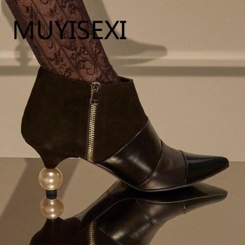 Fashion design 6.5cm thin pearl high heel genuine leather pointed toe side zipper work office lady ankle boots HL289 MUYISEXI