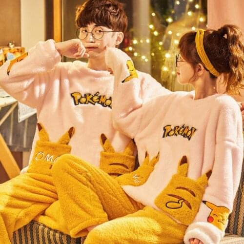 Unisex Adult Couple Pajamas Men Winter Velvet Sleepwear 2 Pieces Warm Flannel Pajama Set Animal Cartoon Cute Hooded Home Clothes