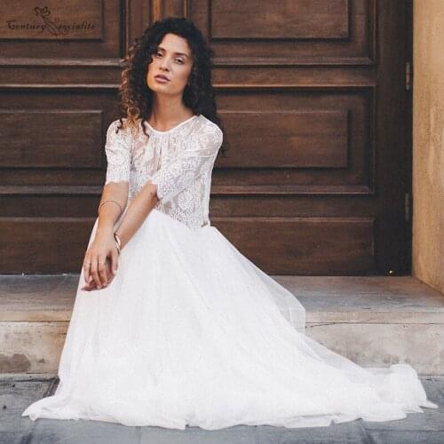 Two Pieces Boho Wedding Dresses Lace Half Sleeves Soft Tulle Bohemian Bridal Gowns Bride Dress Vestido de Noiva Cheap