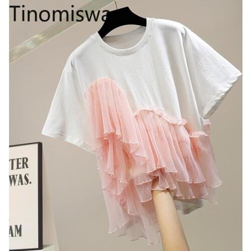 Tinomiswa Ruffle Patchwork Cotton T Shirt Women O Neck Short Sleeve Basic Tops 2021 Summer Casual Loose Tshirts Camisetas Mujer