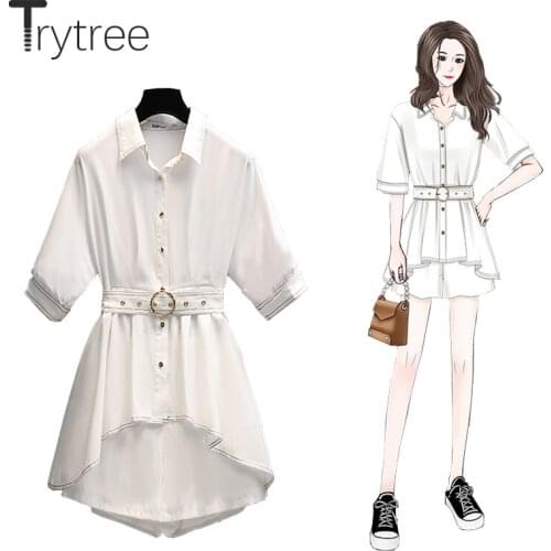 Trytree Summer Women Two Piece Set Casual Turn-down Collar Belt White Shirt + Wide Leg Shorts Zip Solid Office Lady 2 Piece Suit