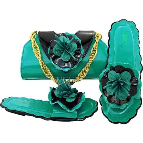 Italian Comfortable Woman Flat Slippers And Bag With Varnished PU Leather Material Shoes And Bags African popular Shoes And Bag