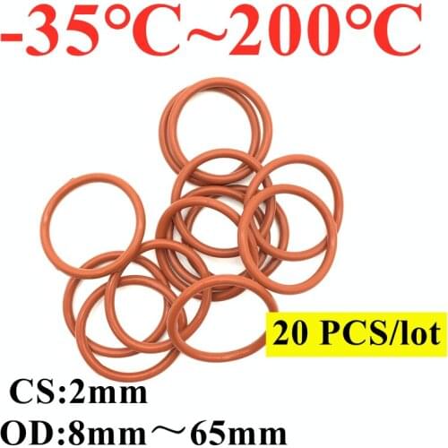 20pcs VMQ O Ring Seal Gasket Thickness CS 2mm OD 8~ 65mm Silicone Rubber Insulated Waterproof Washer Round Shape Nontoxic Red