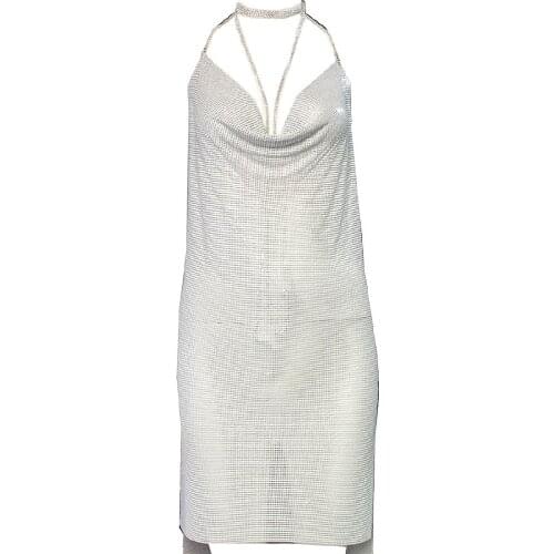 YACKALASI Party Dress Women Sexy Club Clothes Ivory Metal Mesh 2017 Spaghetti Strap Vestidos