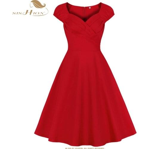 SISHION Short Sleeve Cotton Solid Color Knee Length Red 50s 60s Retro Vintage Dress VD2281