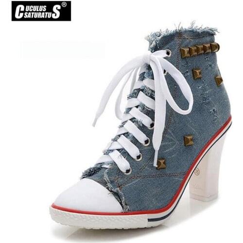 Cuculus Women Shoes High Heels Ankle Boot Square Block Heel Canvas Pumps Rivets Denim Boot Women Black White Blue 1317