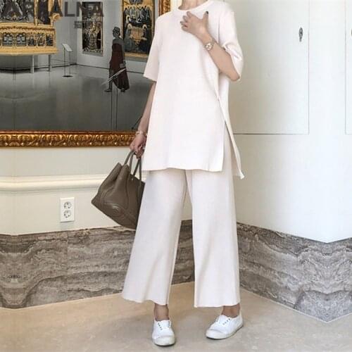 2 piece set women Fashion Temperament Ice silk Knitted two piece Casual set women Long Pullovers Tops and wide-leg pants Suits
