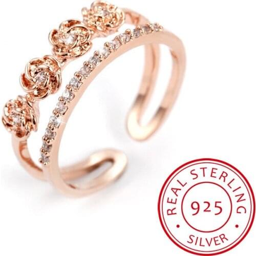 New Arrivals 925 Sterling Silver Open Rings Double Layer Rhinestone Rose Flower Rings For Girl Women Rings Gift Fine Jewelry