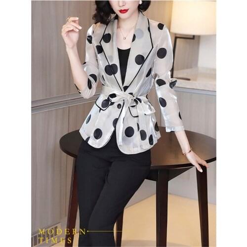 Women Summer Dot Organza Turn-Down Collar Long Sleeve Suit Jacket Loose Bandage Plus Size Blouses Office Ladies Chic Blet Coat