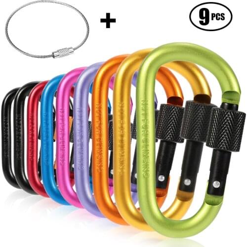 9 Pack Aluminum Alloy D-ring Locking Carabiner Clip Set Screw Lock Hanging Hook Buckle Keychain with Steel Wire Ring for Outdoor