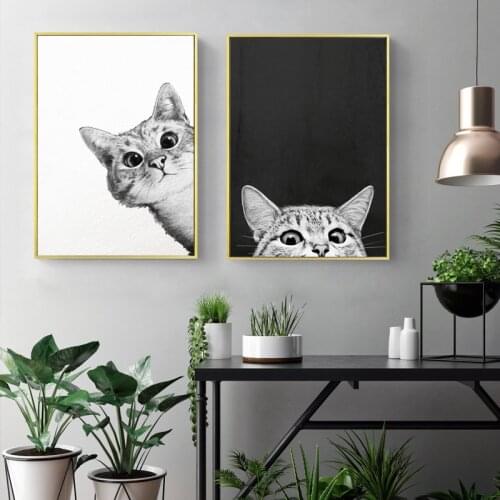 Watercolor Minimalist Kawaii Animals Black Cats Head Canvas A4 Art Print Poster Nordic Wall Picture Home Decor Painting
