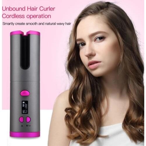 Cordless Auto Rotating Ceramic Hair Curler USB Rechargeable Curling Iron LED Display Temperature Adjustable Curling Wave Styer