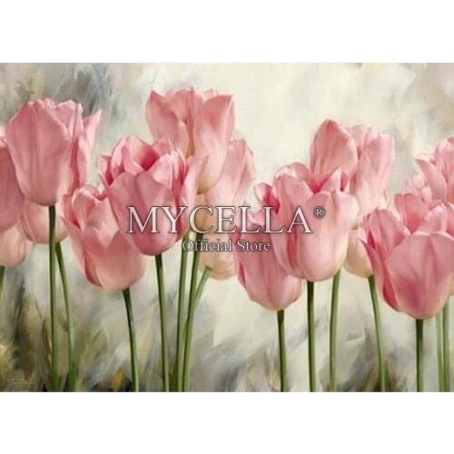 Flowers 5D DIY Diamond Painting Cross Stitch Pink Tulip Needlework Full Round Rhinestone Mosaic Diamond Embroidery Crafts Gift