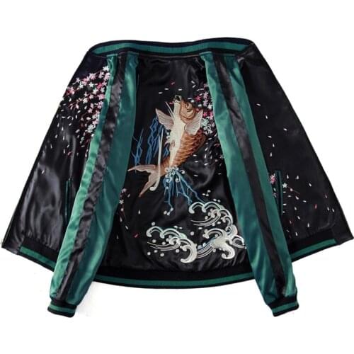 Makuluya Yokosuka Reversible Coat Street Style Women Men Fish Flowers Printed Embroidery Baseball Casual Pilots Jacket Coats QW