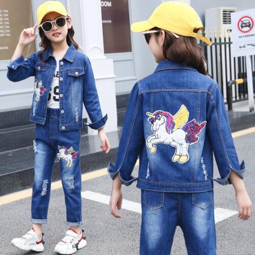Teen Girls Clothes For 8 10 11 13 14 Years Autumn Clothing Set Jacket + Jeans Pants 2pcs Embroidered Denim Coat Suit Outfits