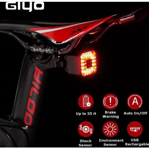 GIYO Smart Bike Light Rear Flashlight LED Safety Lantern Auto On/Off USB Rechargeable Stop Signal Brake Lamp Bike Accessories