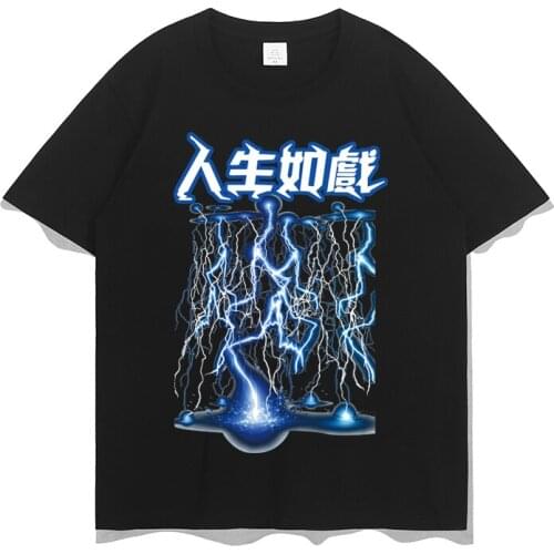 Men Hip Hop T-shirt Lightning Print TShirts Streetwear Chinese Letter Tshirt Oversized Harajuku Summer Cotton Tops Tees