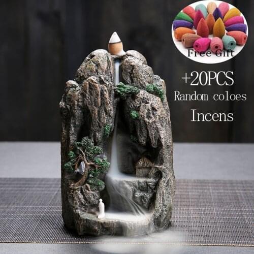 With 20pcs Mountain Smoke Waterfall Backflow Incense Cones Resin Backflow Incense Burner Mountain Stream Censer Holder