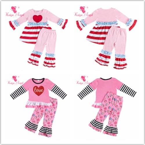 Kaiya Angel 3M-8Years Kids Girls Valentines Day Boutique Outfits Heart Applique Long Sleeve Tops + Ruffle Pants Wholesale Sets