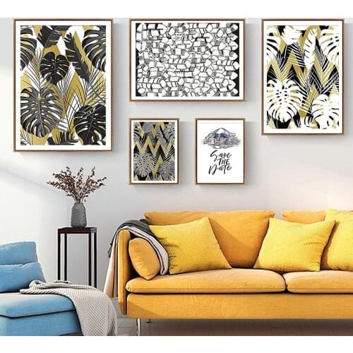 Nordic Style Golden Plants Leaf Canvas Painting Geometric Abstract Wall Art Pictures Modern Living Room Home Decor