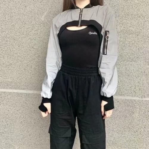 European American Style Short Sexy Jackets Hip Hop Sweet Girl Reflective Coat Loose Solid Sports Streetwear Zip Top 2021 New