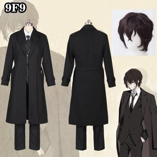 Anime Bungo Stray Dogs Dazai Osamu Cosplay Costume Black Trench Outfit Jacket Anime Men Adult Halloween Christmas Suits Coat WIG