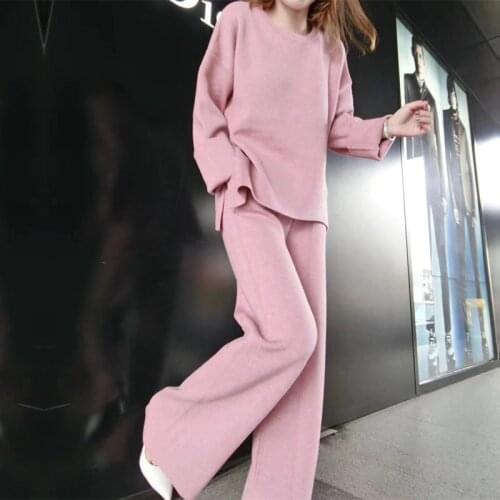 Fashion womens suit 2020 winter new split long sleeve knit sweater wide leg pants knitted two-piece suit