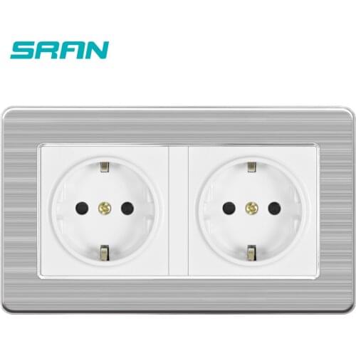 SRAN EU Standard Wall Power Socket Brushed Stainless Steel Panel Double Frame Socket 146mm*86mm Home Decoration