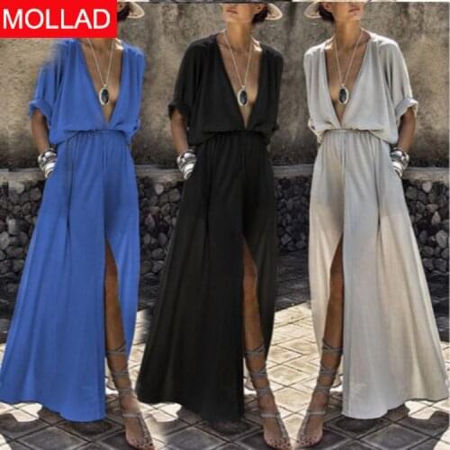 2021 New Popular Deep V Half Sleeve Split Dress European and American Style Solid Color Short Sleeve Dress