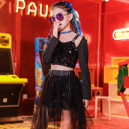 New Kids Jazz Dance Clothing Black Sequin Tops Lace Short Girls Fashion Catwalk Show Outfits Hiphop Street Dance Clothes DQL4641