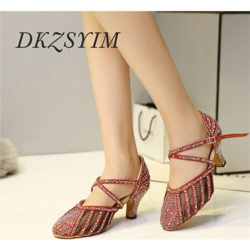 DKZSYIM Modern Dance Shoes Women Ballroom Ladies Tango Dance Shoes Close toe Party Dance Shoes Rhinestone Shiny Wholesale New