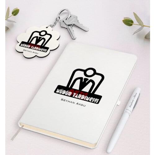 Personalized School Assistant Manager White Notebook Pen and Keychain Gift Seti-1