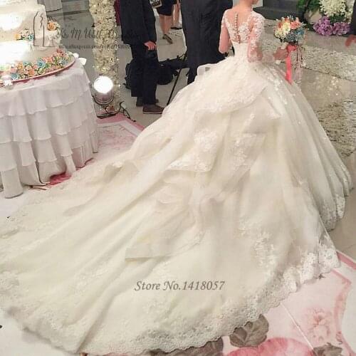 Luxury Wedding Dresses Long Sleeve Lace Flowers Court Train Bride Dress Vestido de Noiva Com Manga Princesa Wedding Gown Vintage