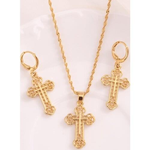 Gold plated cross Pendant Necklace chain Earrings sets Jewelry Gold Christian jewelry sets for women girl Best Jesus Gifts